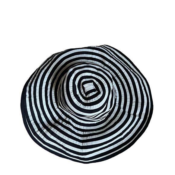 San Francisco Ribbon Bon Bon Sun Hat Cream Black Striped Wide Brim - Picture 2 of 7